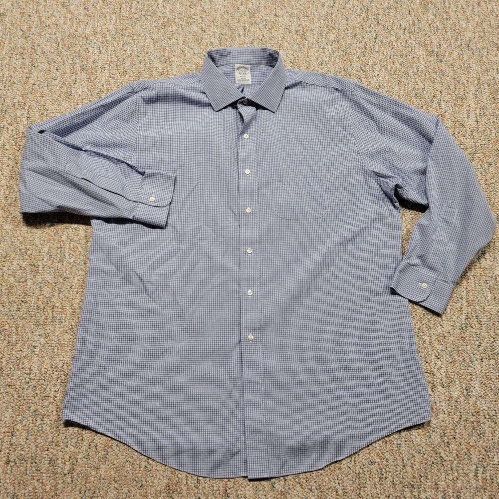 Brooks Brothers Dress Shirt Mens 17.5 Blue Regent Non-Iron Supima Cotton Plaid